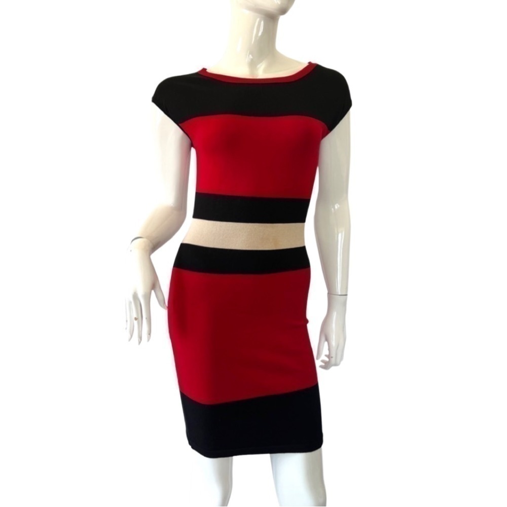 LIMITÉ Red & Black Striped Knit Fitted Sweater Dress Stretchy Bodycon Size M/L - Picture 2 of 6
